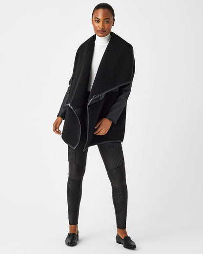 Fleece & Faux Leather Long Wrap Jacket Very Black/Very Black - SPANX