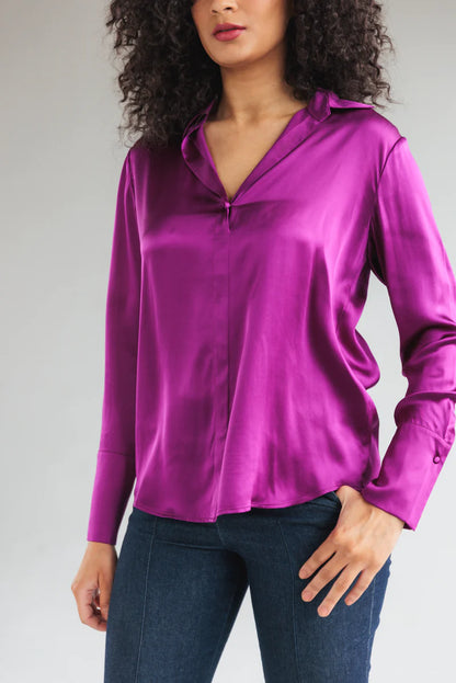Daria French Cuff Silk Blouse Electric Orchid - Catherine Gee