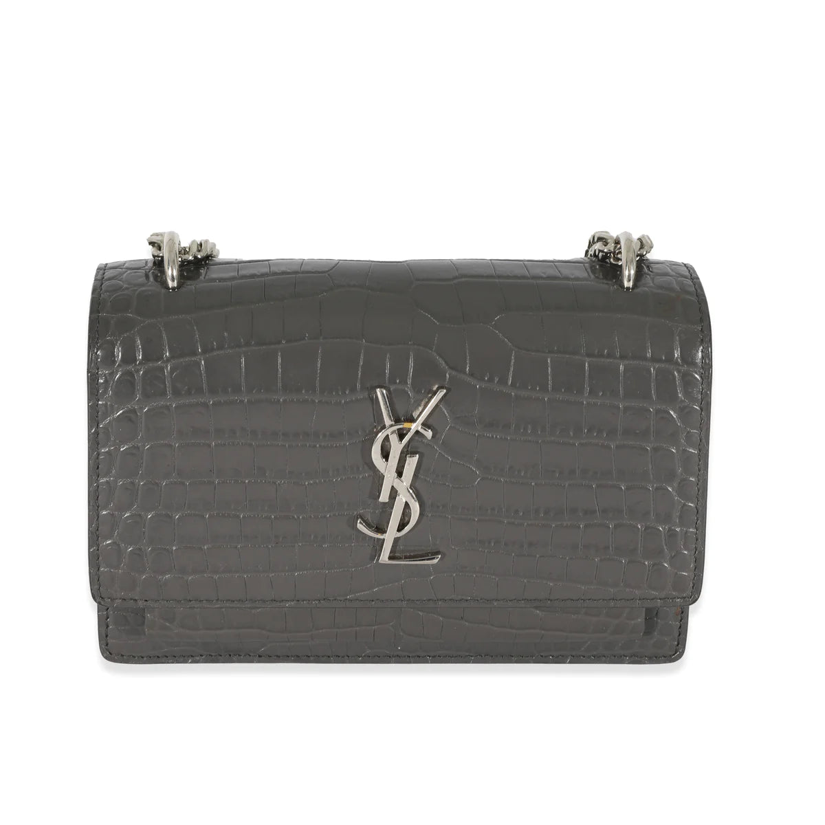 Croc Embossed Leather Mini Sunset Chain Bag Grey - Saint Laurent