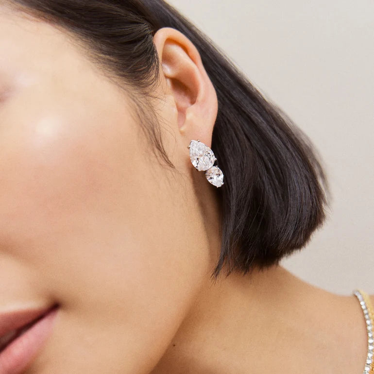 Alessia Two-Stone Crystal Earrings Silver - BaubleBar