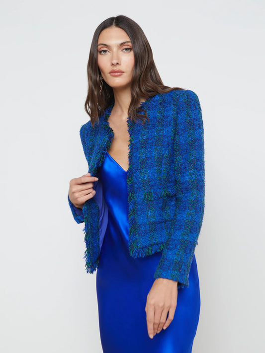 Angelina Tweed Blazer Pop Cobalt Green Multi - L'AGENCE