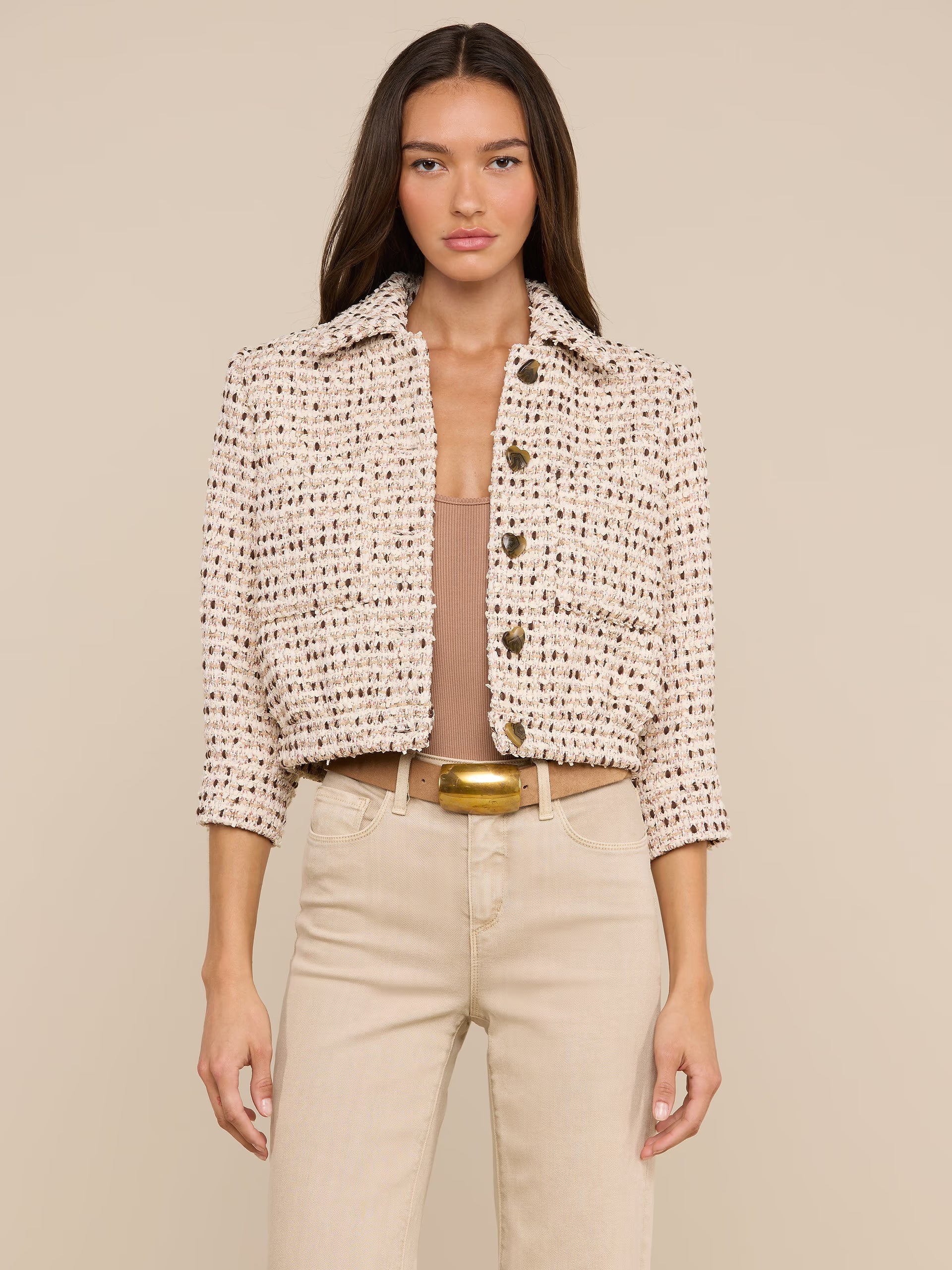 Jia Cropped Tweed Jacket Ivory/Pink/Dark Brown/Silver Tweed - L'AGENCE