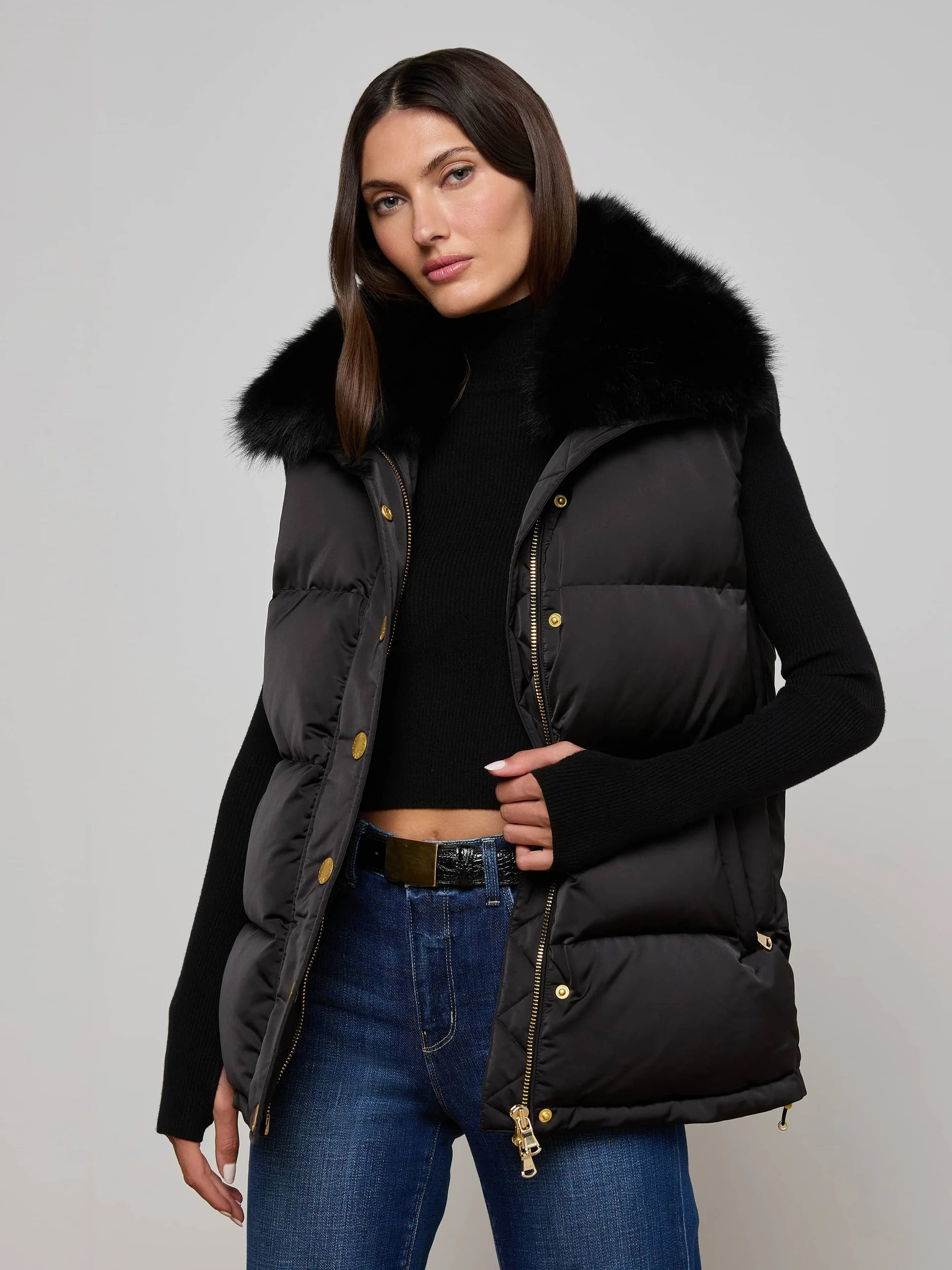 Nalo Faux Fur Puffer Vest Black L'AGENCE