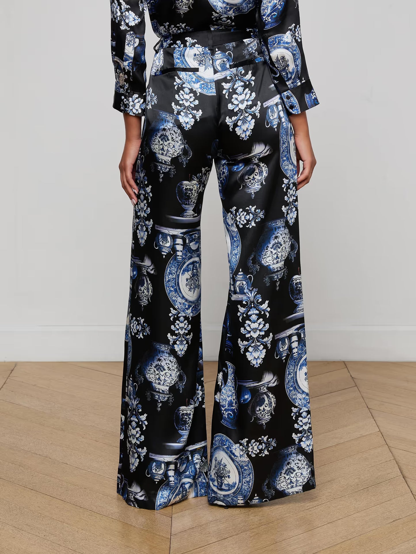 Pilar Silk Wide-Leg Pant Black/Blue Large Porcelain - L'AGENCE