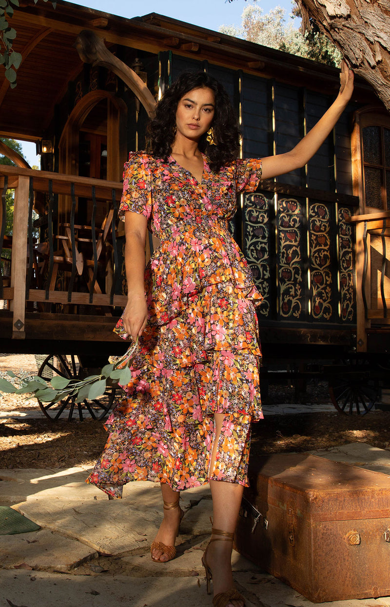 Jade Lurex Jacquard Tiered Dress Yellow - Hale Bob