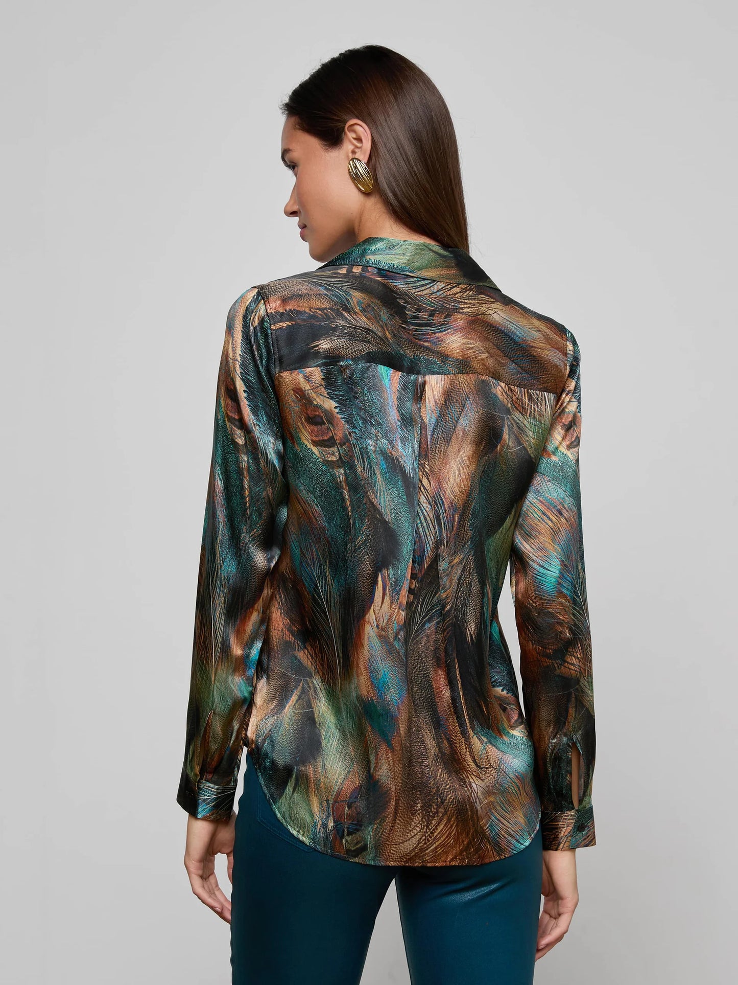 Tyler Silk Blouse Teal Multi Mix Feather - L'AGENCE