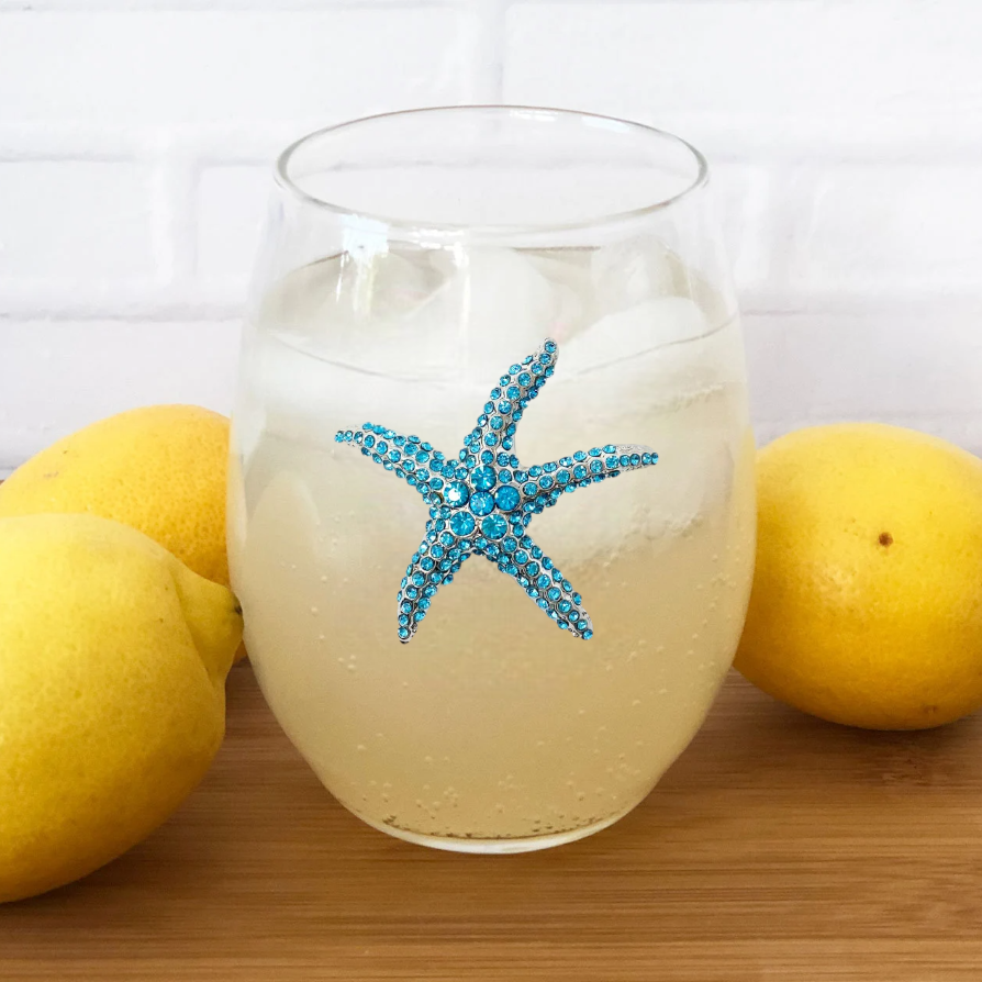 Blue Starfish Jeweled Stemless Wine Glass - The Queens Jewels