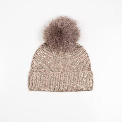 Sparkle Beanie Fox Pom Pom Taupe - Mitchie's