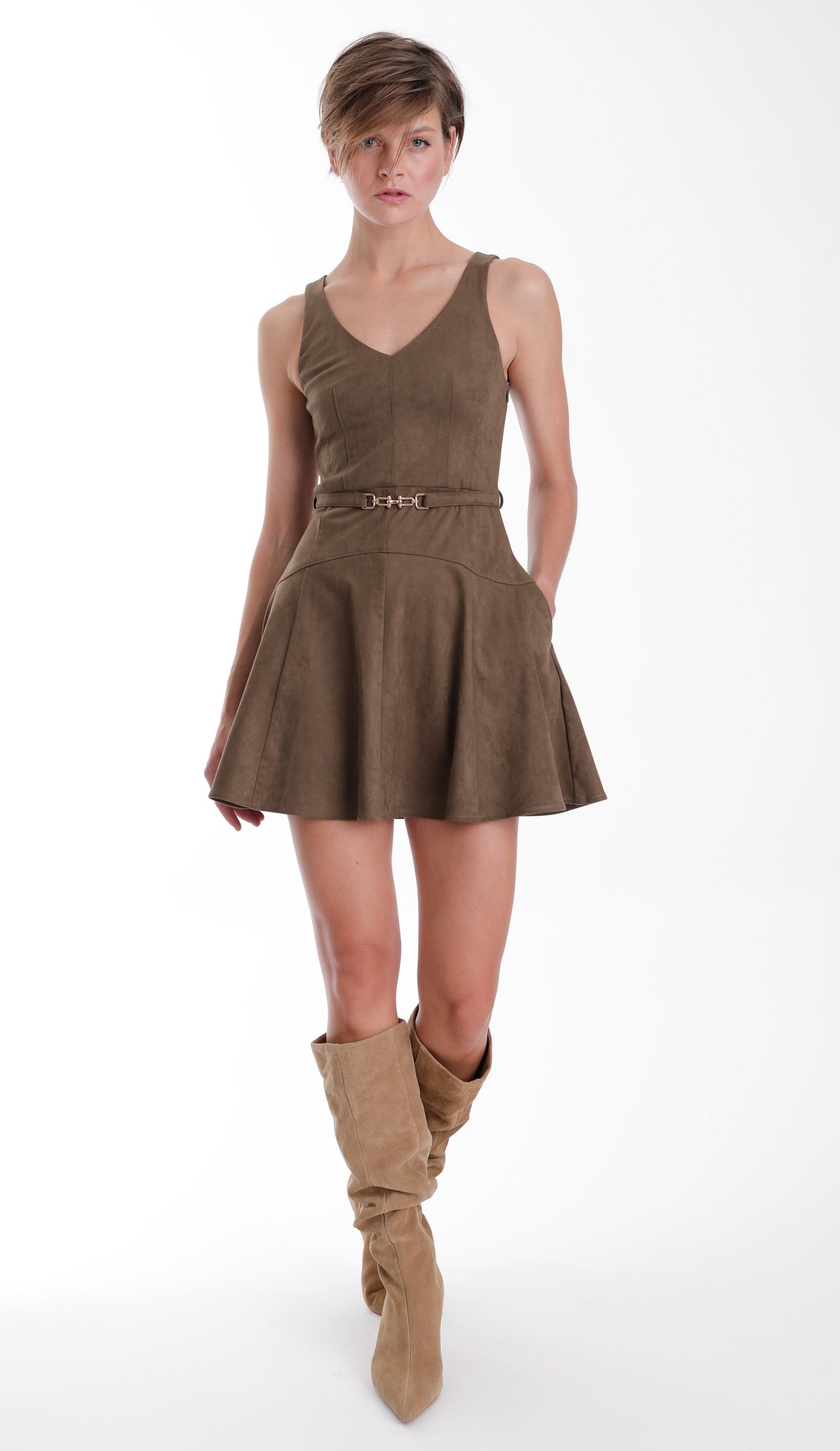 Hannah Suede Mini Dress Olive - Karina Grimaldi