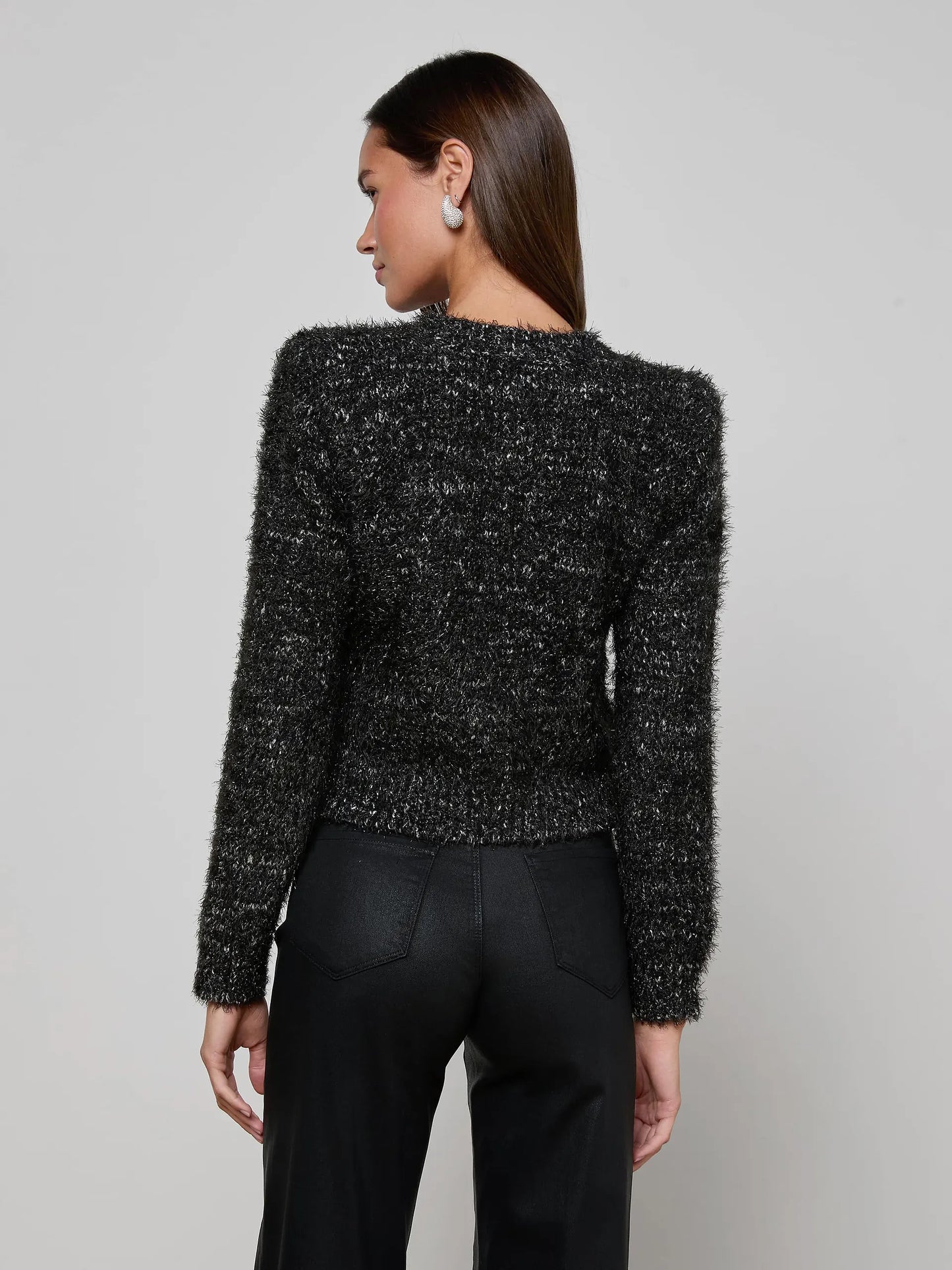 Una Knit Cardigan Black/Gunmetal Lurex Multi - L'AGENCE
