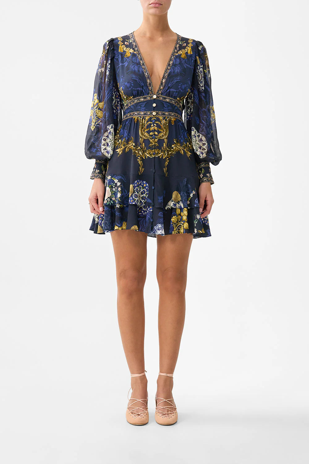 camilla dress blue Women's Beaded Print Long Sleeve Silk - spaghetti strap wedding dress Arabelle High Neck Maxi size down if between Width:Medium - M