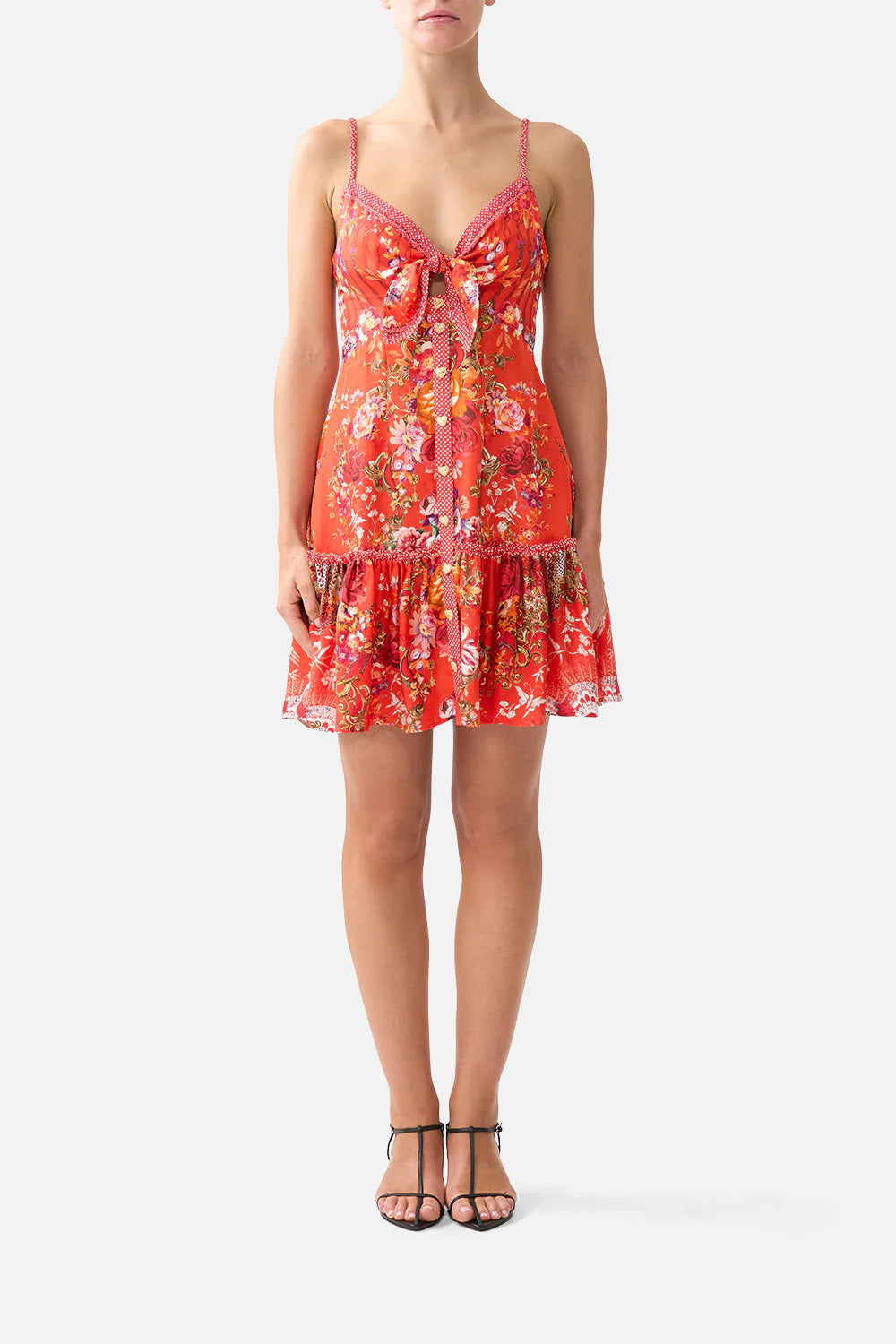 camilla tie front mini dress Camilla Women's Tie Front Short Dress With Hem Ruffle - Red