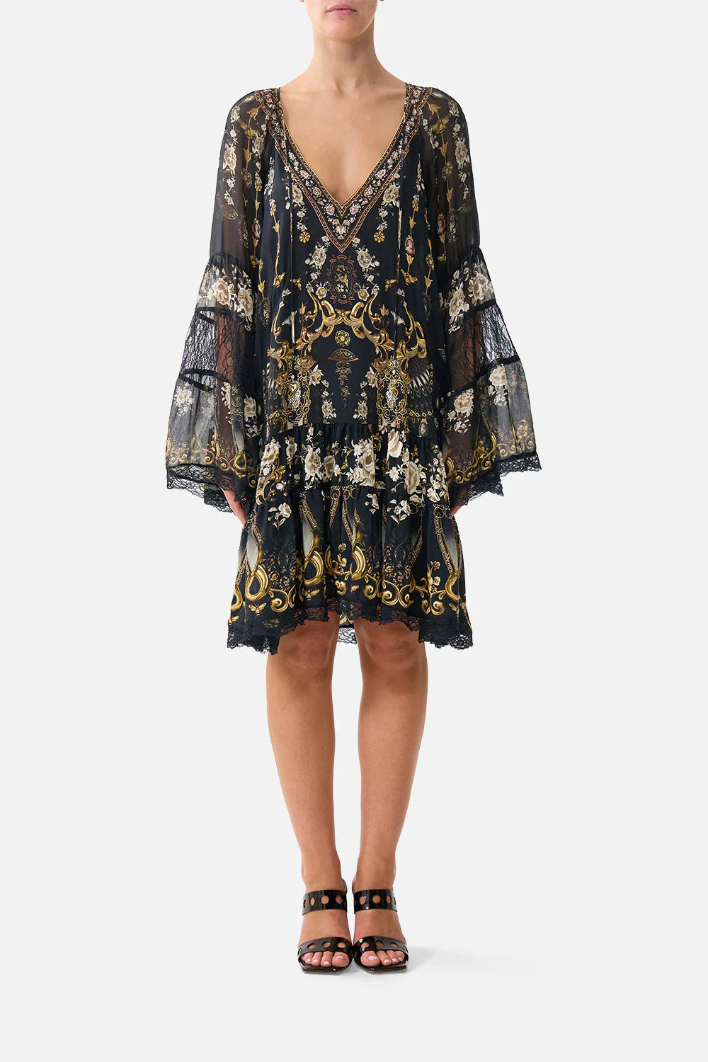 Camilla Women's Print Long Sleeve Tiered Ruffle Silk Minidress - Black