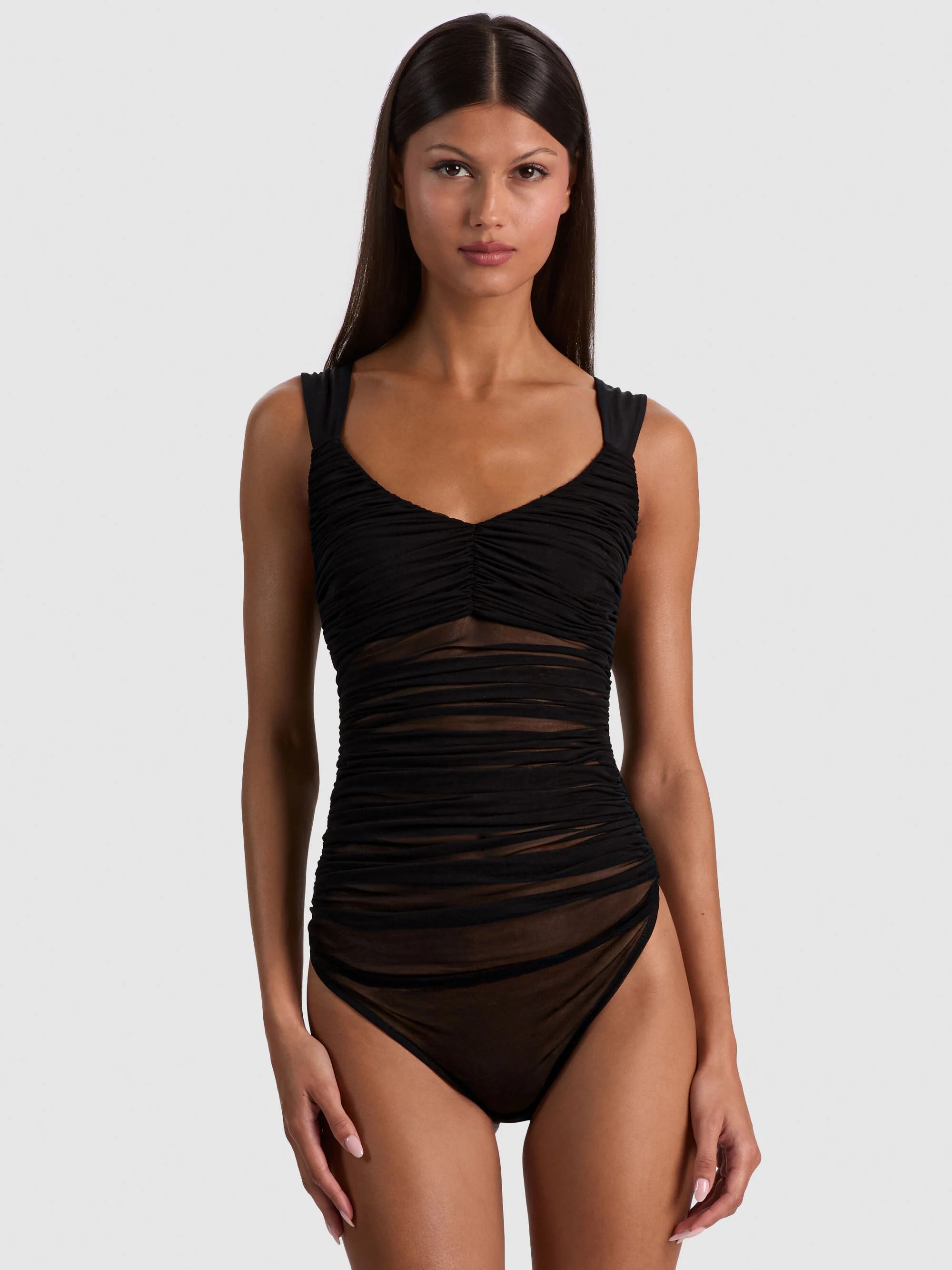 Renee Sheer Ruched Bodysuit Black - Alice + Olivia