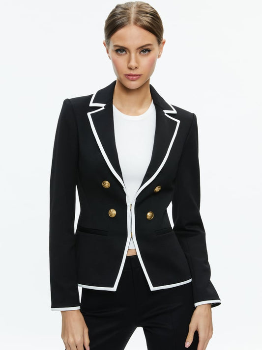Mya Contrast Piping Fitted Blazer Black & Off - Alice & Olivia