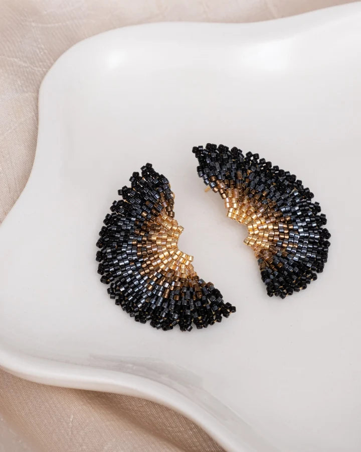 Handwoven Beaded Ginkgo Leaf Stud Earrings Black - Mayana Designs