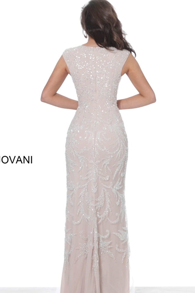 Plunging Neck Embellishment Dress Silver Nude - Jovani