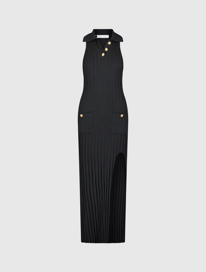 Rib Knit Collared Sleeveless Fitted Maxi Dress Black - MAC DUGGAL