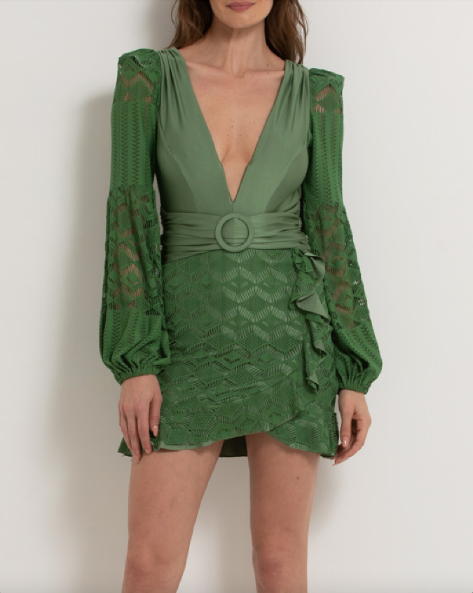 PatBO - Crochet Plunge Mini Dress Sage