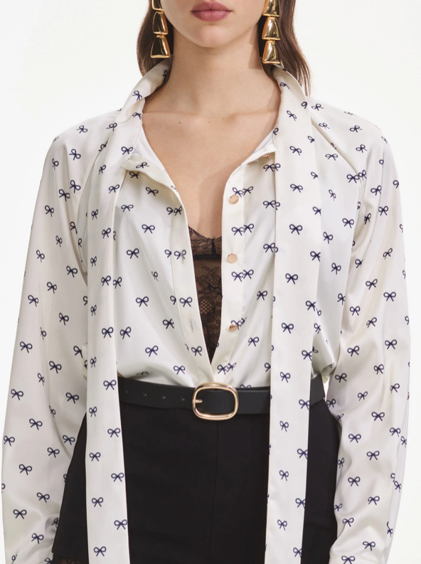 Satin Bow Print Blouse Cream - Self-Portrait