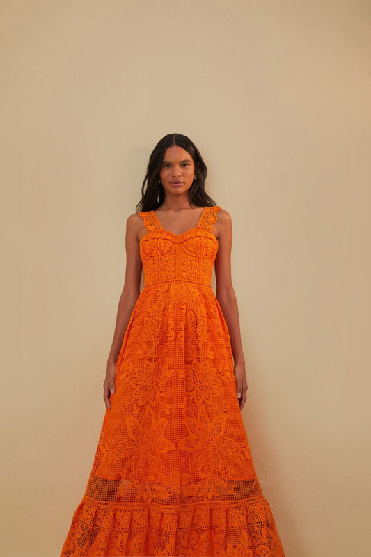 Sleeveless Maxi Dress Orange Guipure - Farm Rio