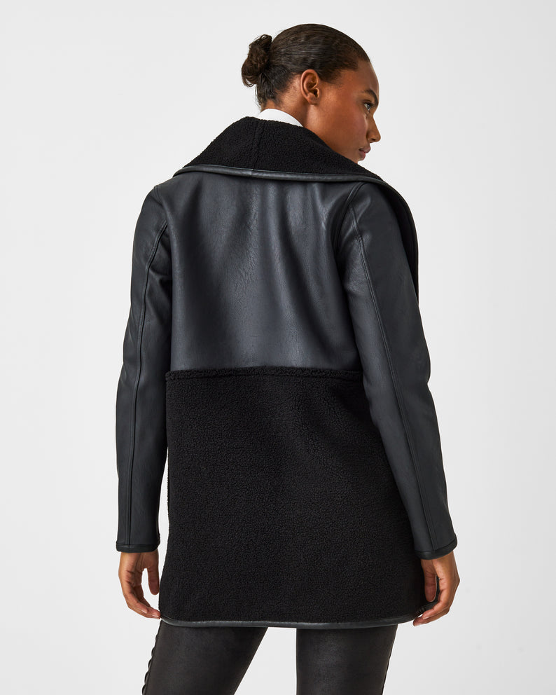 Fleece & Faux Leather Long Wrap Jacket Very Black/Very Black - SPANX