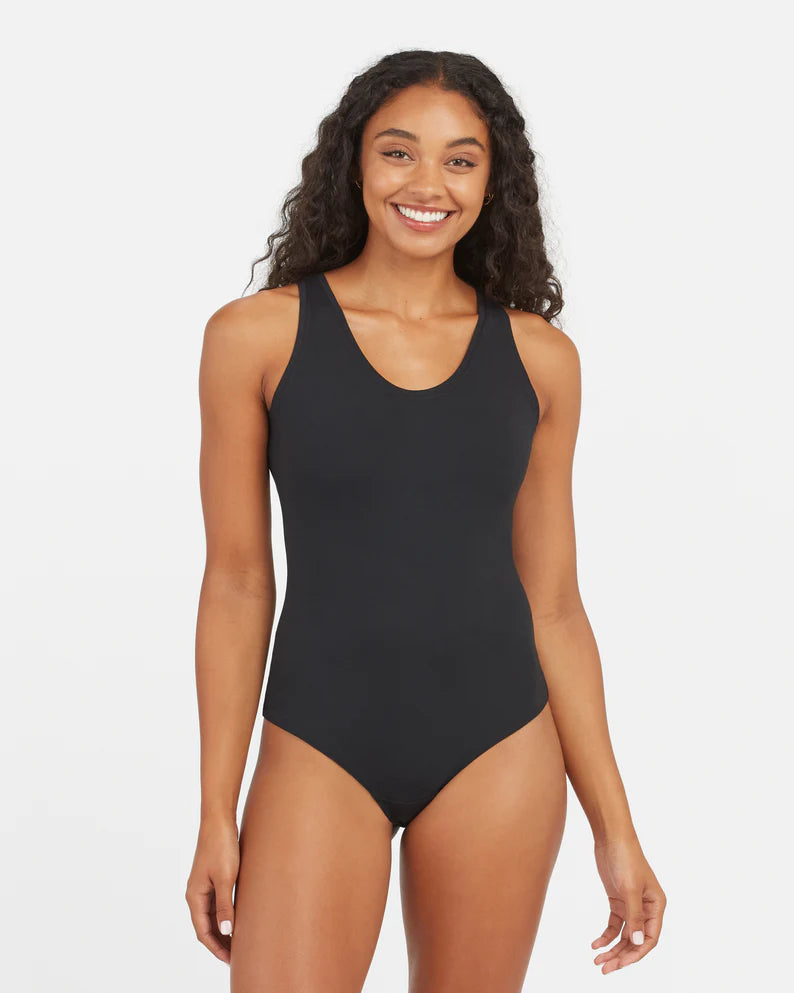 SPANX Suit Yourself Ribbed Short Sleeve Bodysuit in Very Black