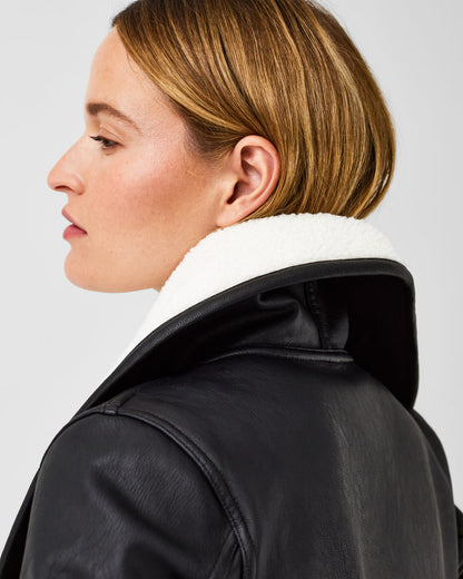 Fleece & Faux Leather Long Wrap Jacket Very Black/Snow - SPANX