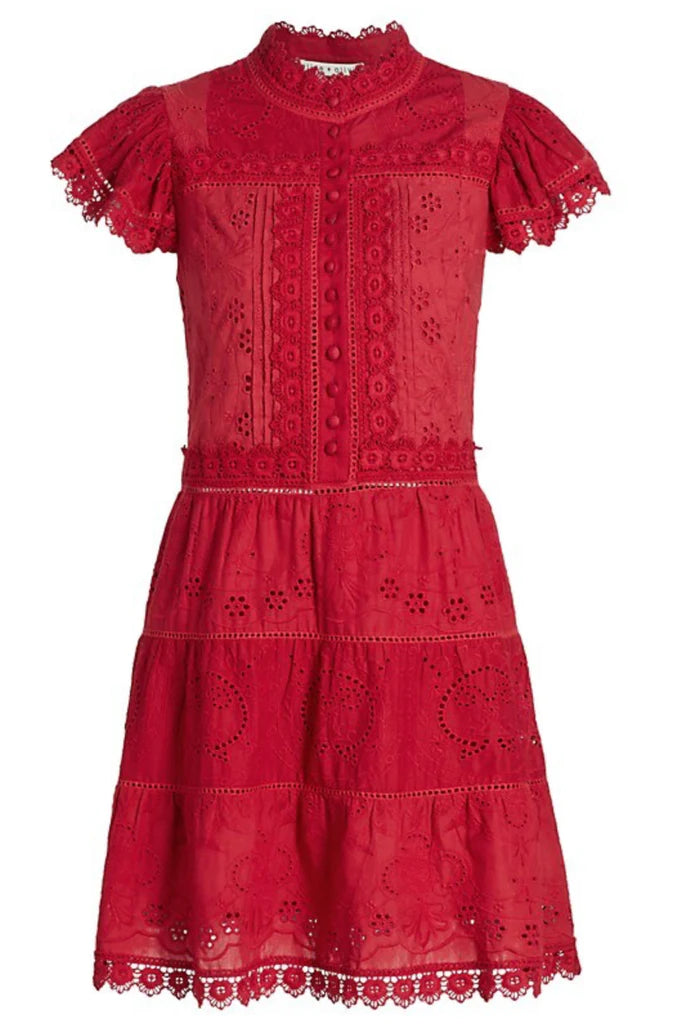 Marina Tiered Embroidered Mini Dress Cinnamon - Alice + Olivia