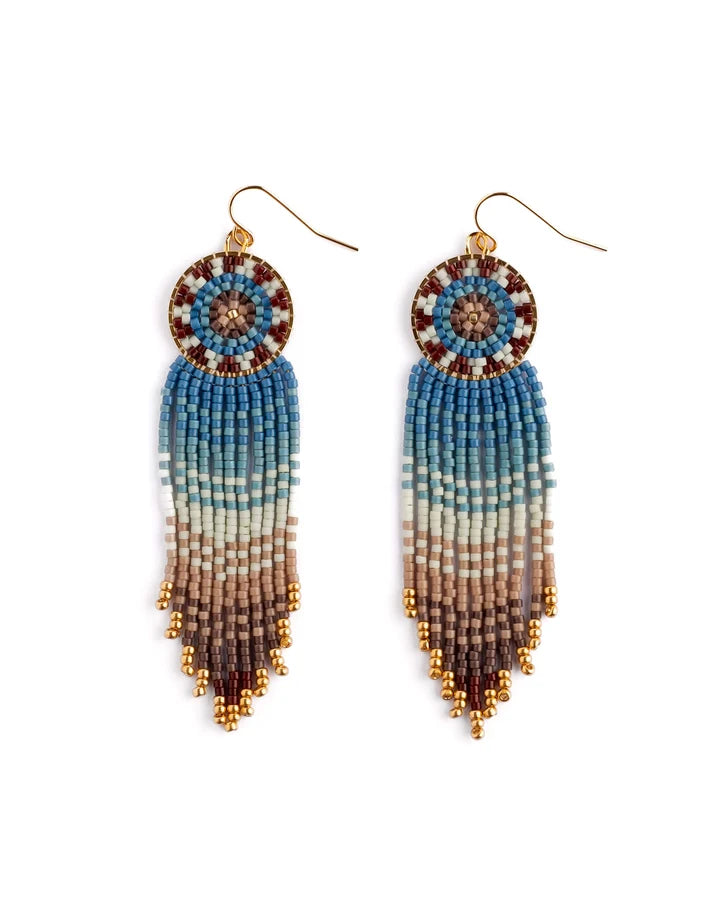 Beaded Handwoven Mandala Fringe Earrings Blue/Brown - Mayana Designs