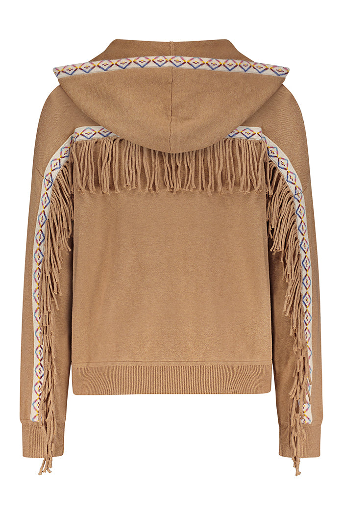 Cotton Cashmere Embroidered Fringe Hoodie Camel - Minnie Rose