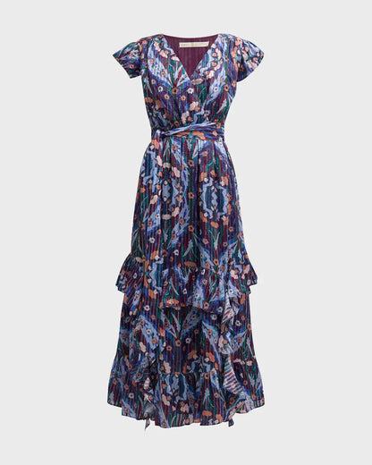 Uma Floral Print Ruffle Trim Midi Dress Ater Trellis - Marie Oliver