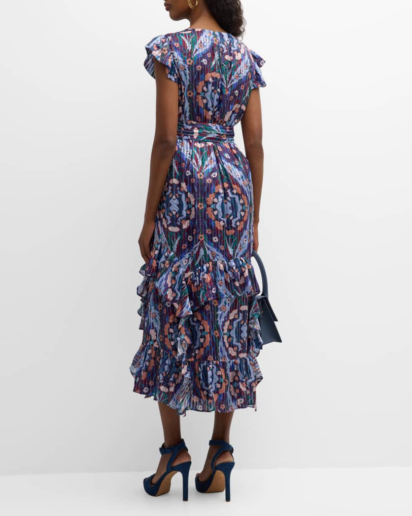 Uma Floral Print Ruffle Trim Midi Dress Ater Trellis - Marie Oliver