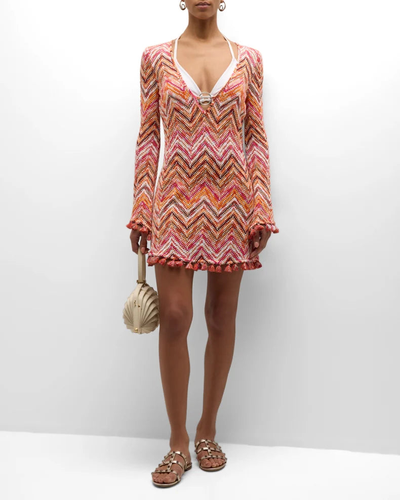 Chevron Crochet Kintted Long Sleeve Mini Dress