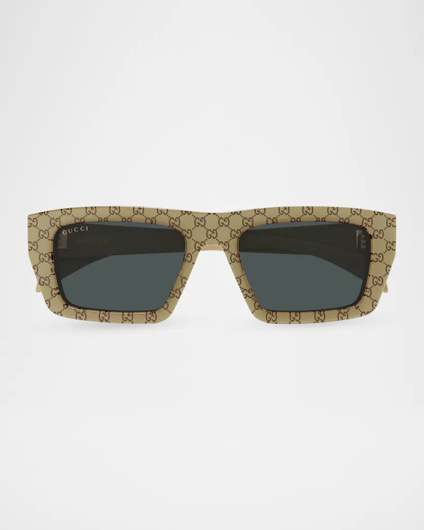 Mens Rectangular Logo Sunglasses Beige - Gucci