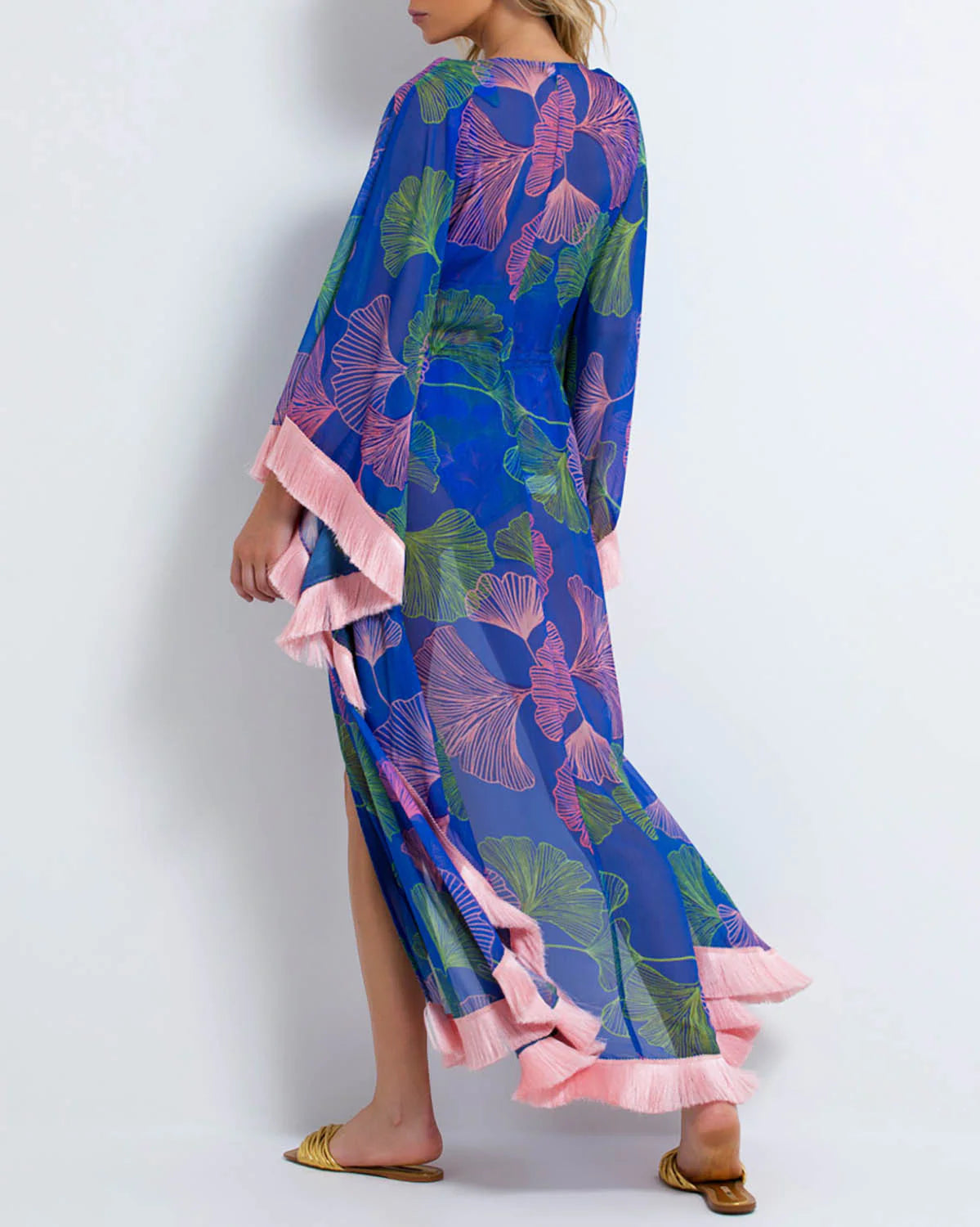 PatBO - Ocean Leaf Fringe Trim Caftan Blue