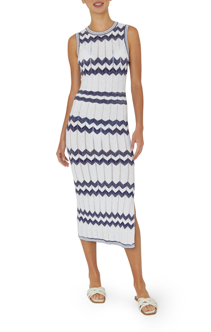 Oversized Zig Zag Midi Dress Navy/Ecru - MILLY