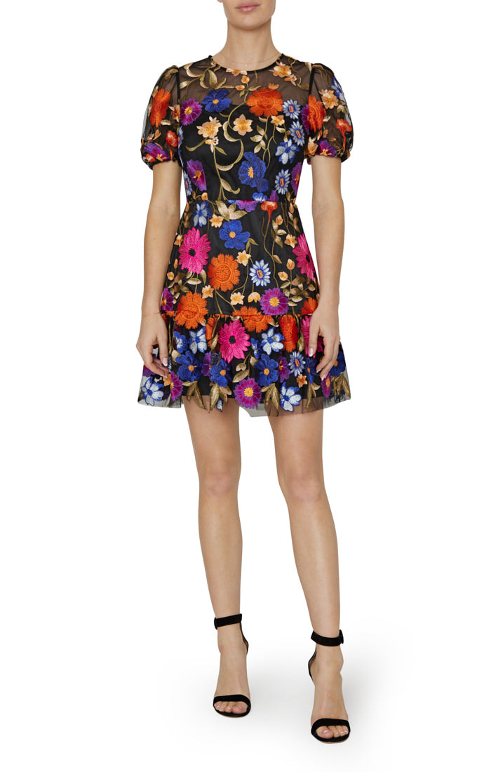 Yasmin Fall Foliage Mesh Embroidery Dress Black Multi - MILLY