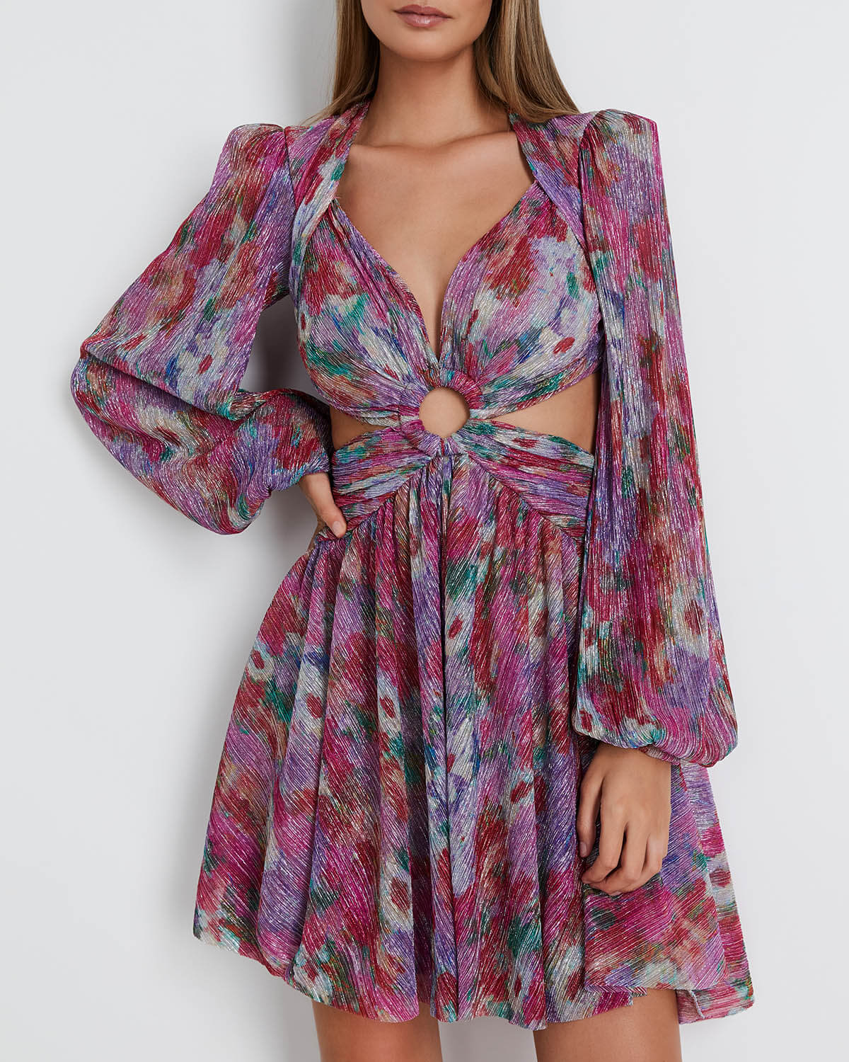 PatBO - Printed Lurex Cutout Mini Dress Pink Multi PatBO - Printed Lurex Cutout Mini Dress Pink Multi