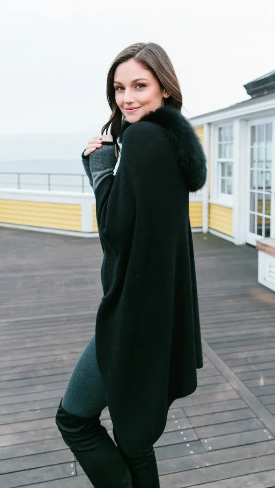 100% Cashmere Luxe Poncho With Fox Trim Ebony - Jackie Z Style Co