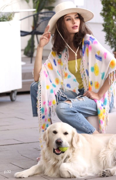 Minnie Rose Cash Printed Tie Dye Fringe Shawl Multi Color