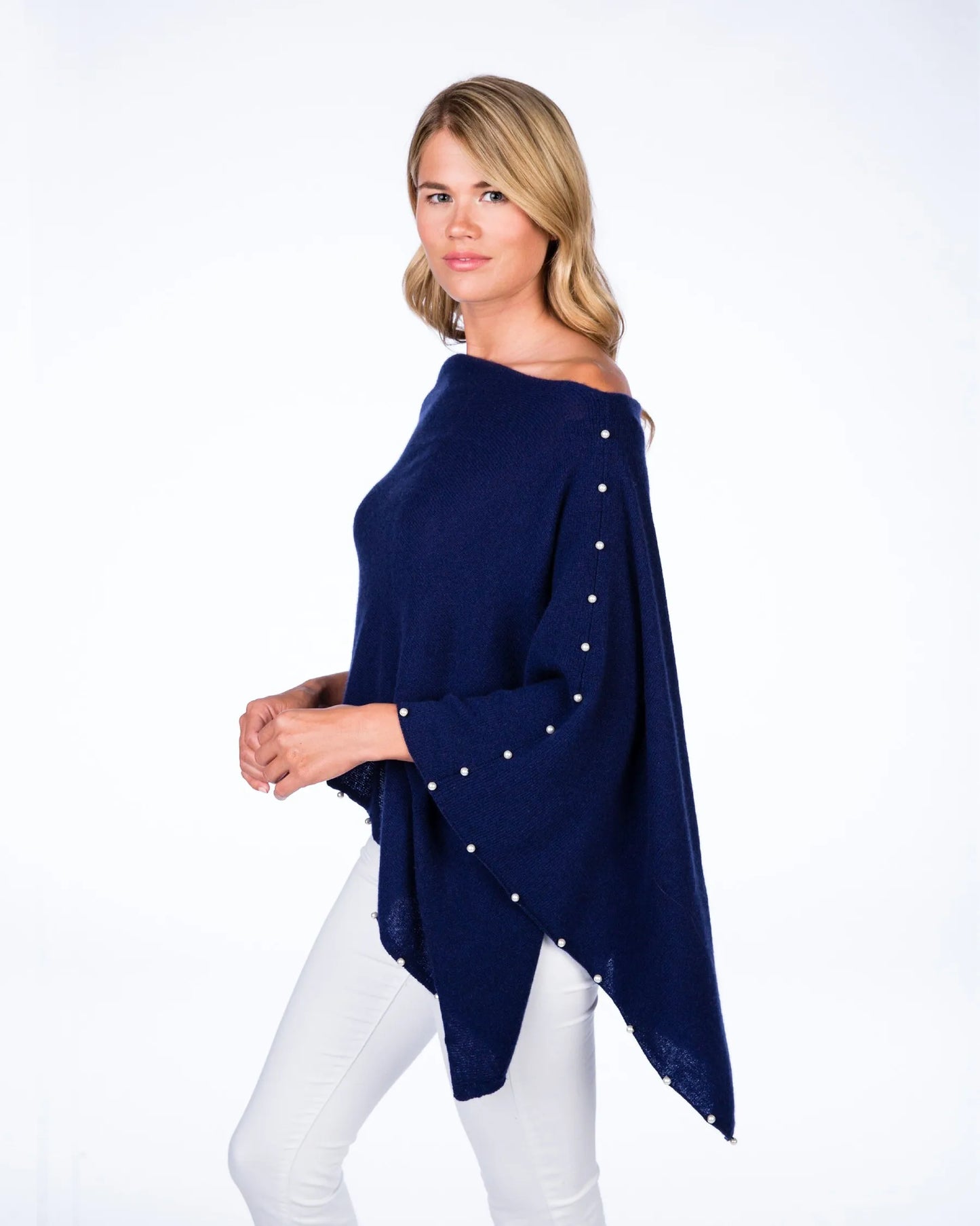 Cashmere Pearl Trim Poncho Midnight - Jackie Z Style Co
