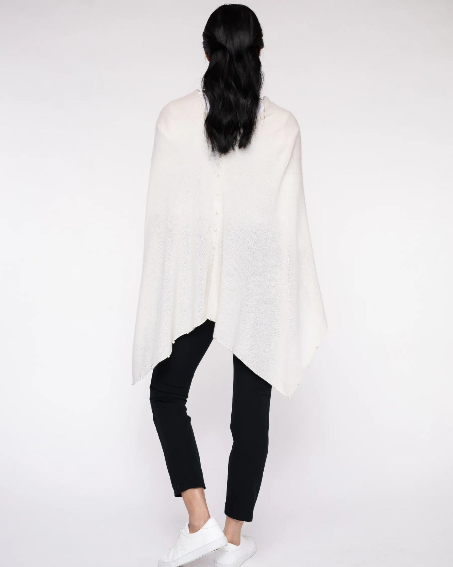 Cashmere Pearl Trim Poncho White - Jackie Z Style Co