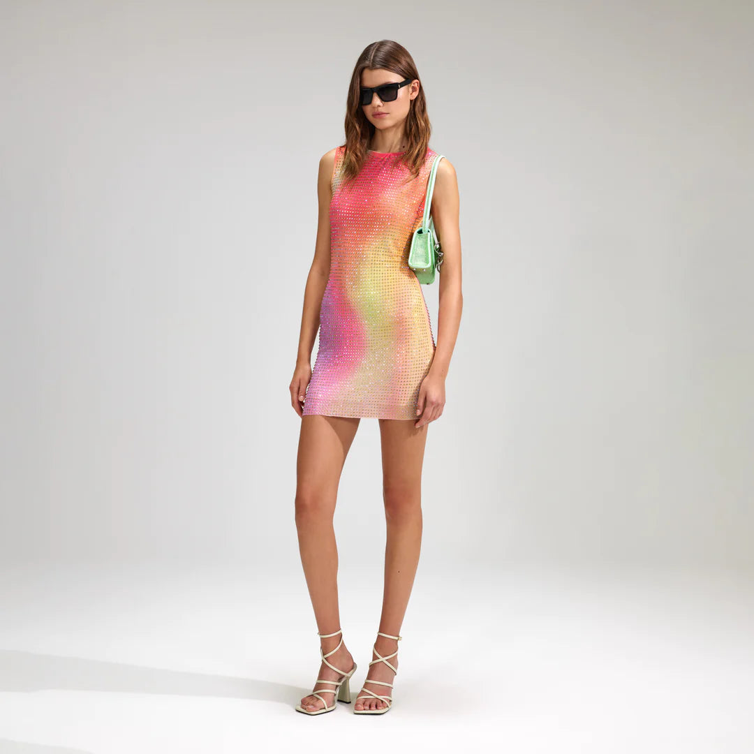 Printed Mesh Rhinestone Mini Dress Multi - Self-Portrait Printed Mesh Rhinestone Mini Dress Multi - Self-Portrait