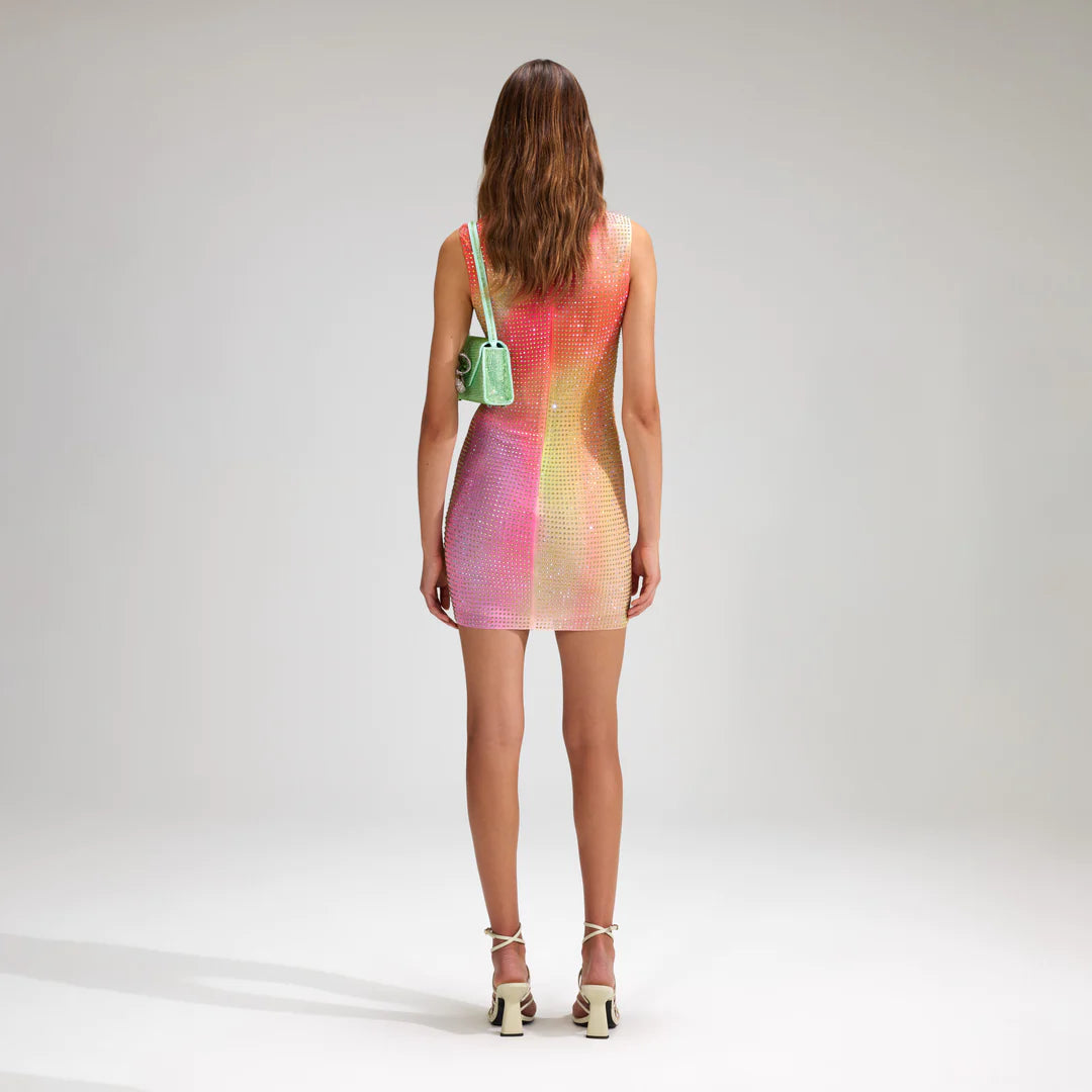 Self-Portrait - Printed Mesh Rhinestone Mini Dress Multi