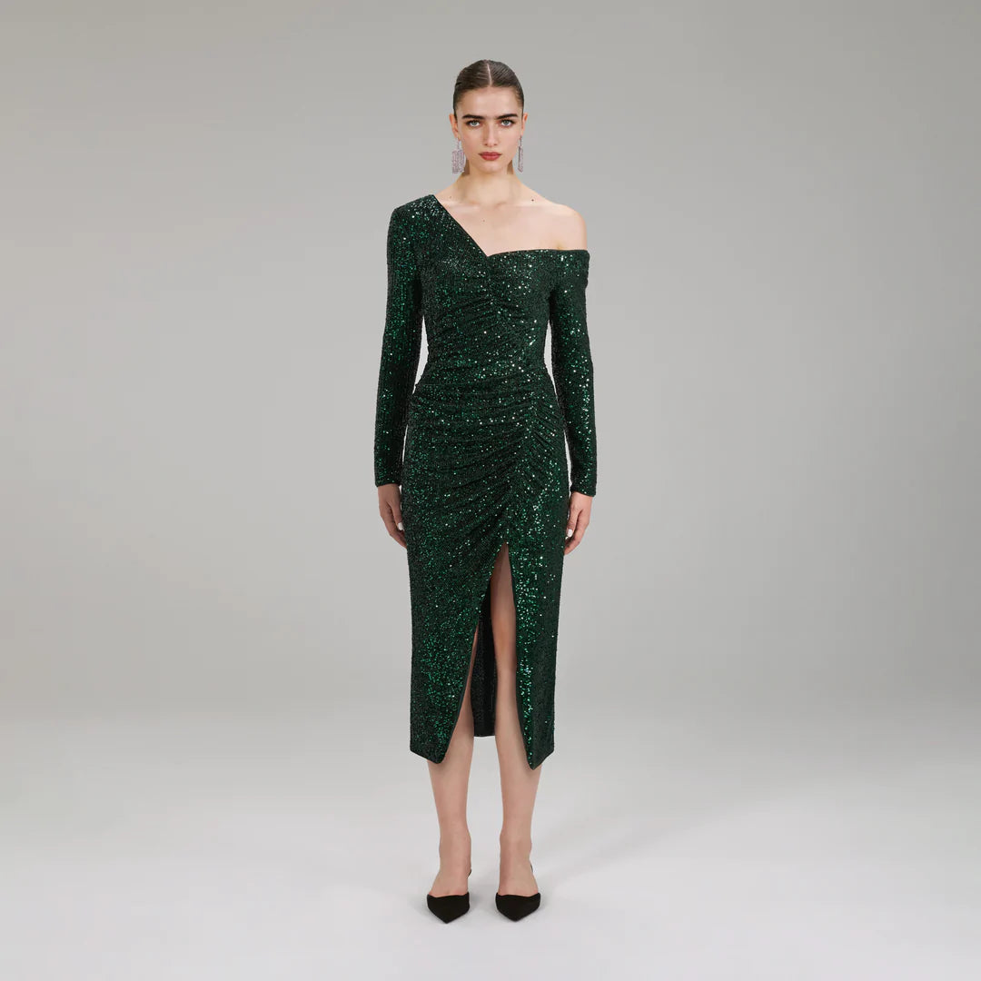 Self-Portrait - Stretch Sequin Midi Dress Dark Green Self-Portrait - Stretch Sequin Midi Dress Dark Green