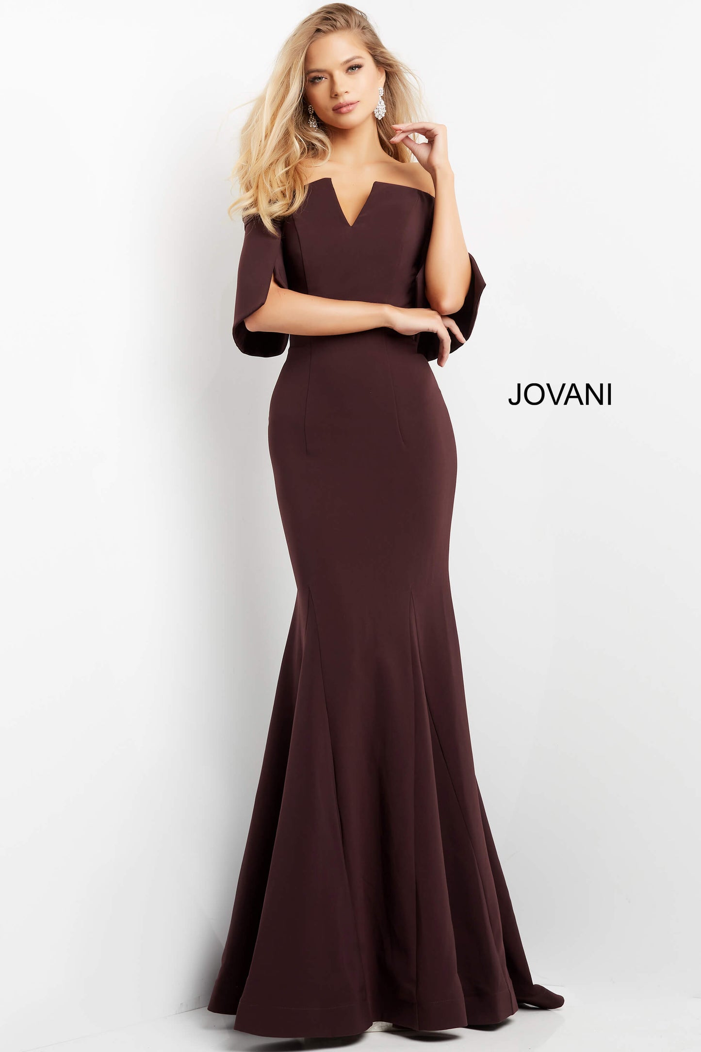 Jovani - Split Sleeve Off The Shoulder Evening Dress Plum 