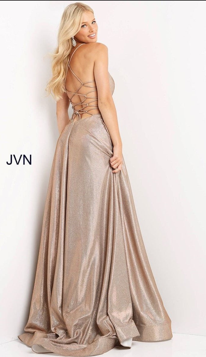 Jovani - Tie Back Metallic Evening Gown Cafe