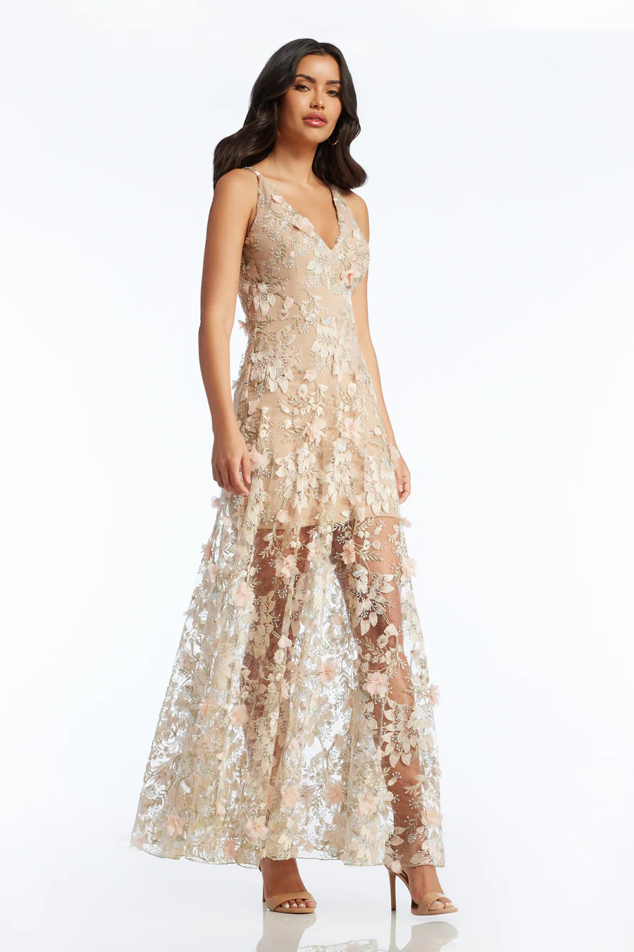 Dress The Population - Sidney Fitted Bodice V-Neckline Gown Pink Floral Dress The Population - Sidney Fitted Bodice V-Neckline Gown Pink Floral