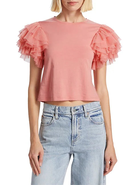 Rylyn Tulle Sleeve Crewneck T-Shirt Rose - Alice + Olivia